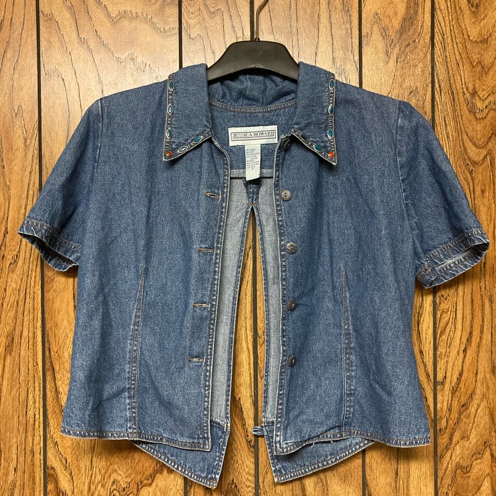 Jessica Howard Women’s Blue Denim Short Sleeve Button Up Jacket w Open Back M